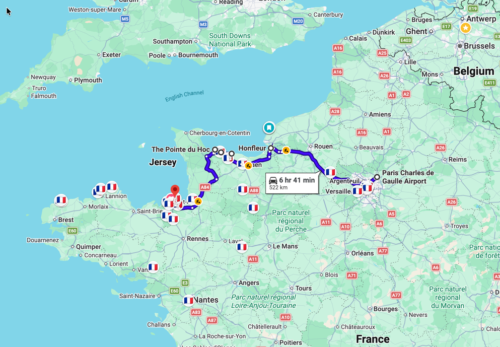 Our planned Normandy travel route
