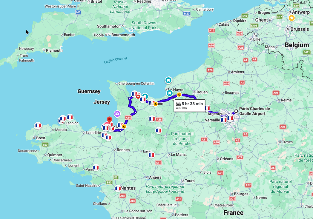Our revised Normandy travel route